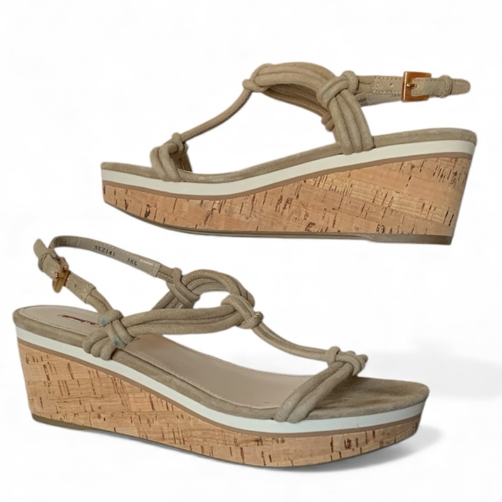 PRADA Cream Tan Cork Wedge Sandals